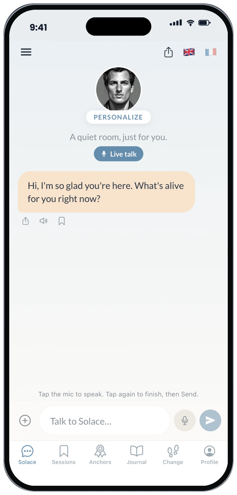 Solace app on iPhone — chat, voice, and live talk companion